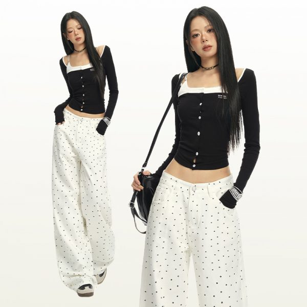 Women's Black and White Polka Dot Slimming Loose Straight Jeans  High Waist Wide Leg Pants