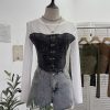 Denim Splicing Mesh Design Long Sleeve T-Shirt with Drawstring Tie Short Fitted Top