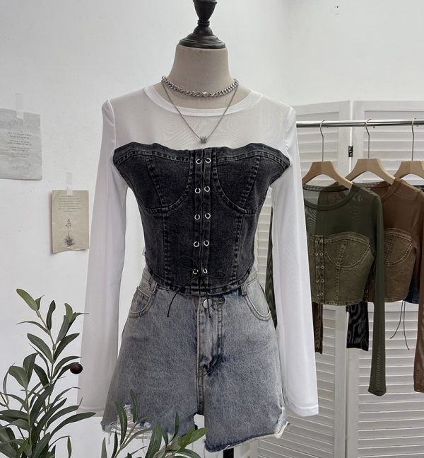 Denim Splicing Mesh Design Long Sleeve T-Shirt with Drawstring Tie Short Fitted Top