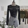 Denim Splicing Mesh Design Long Sleeve T-Shirt with Drawstring Tie Short Fitted Top