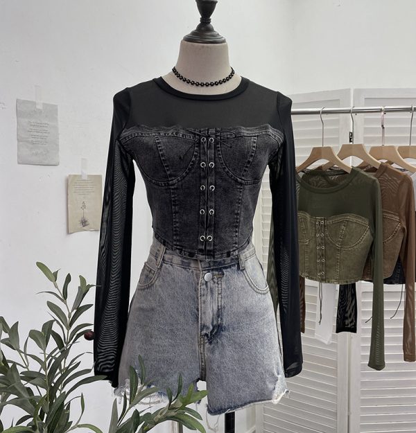 Denim Splicing Mesh Design Long Sleeve T-Shirt with Drawstring Tie Short Fitted Top
