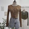 Denim Splicing Mesh Design Long Sleeve T-Shirt with Drawstring Tie Short Fitted Top