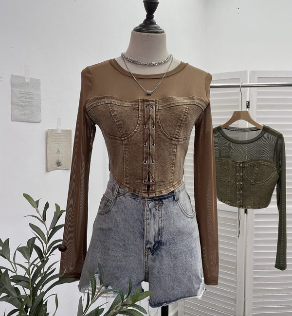 Denim Splicing Mesh Design Long Sleeve T-Shirt with Drawstring Tie Short Fitted Top