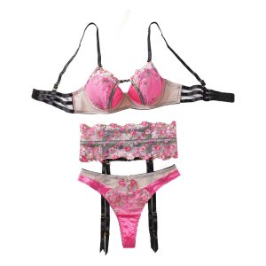 Sexy Mesh Perspective Embroidery Flower Gathering Fun Underwear Underwear 3-Piece Set