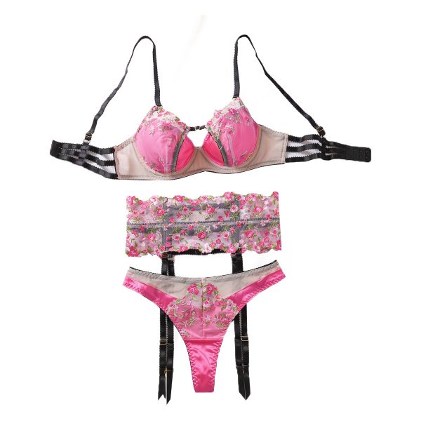 Sexy Mesh Perspective Embroidery Flower Gathering Fun Underwear Underwear 3-Piece Set
