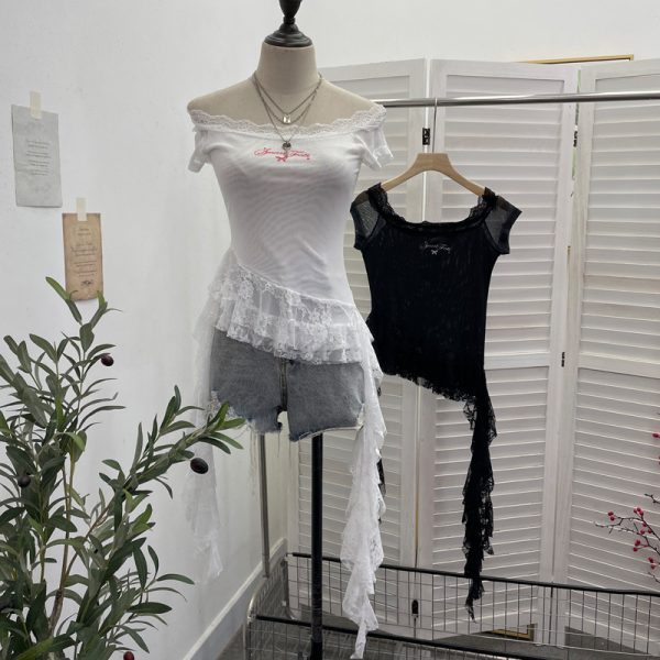 One-Shoulder Mesh T-Shirt Print Short Fitted Top