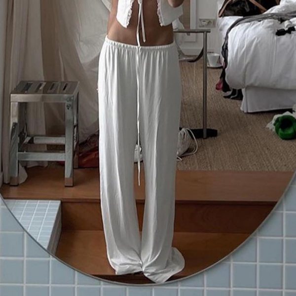 Solid color comfortable flowing elastic waist loose wide leg daily pants for women