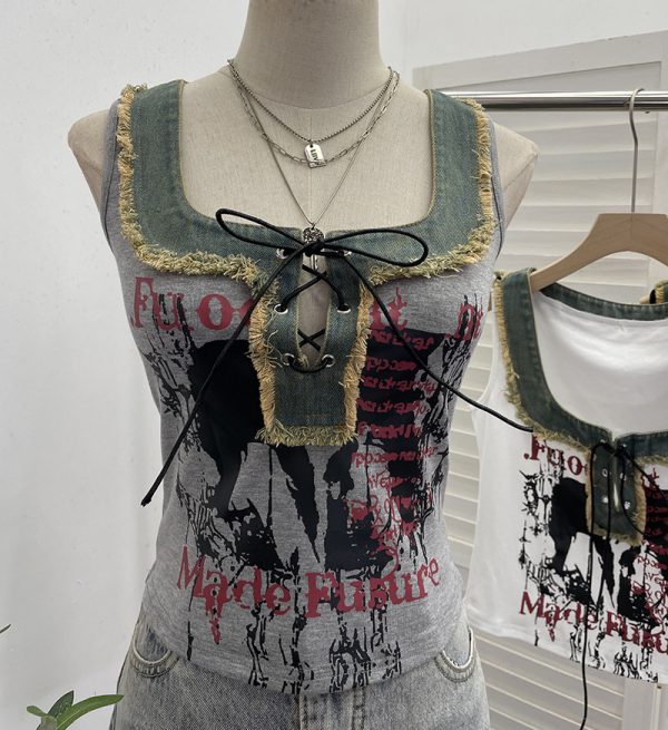 Edge denim patchwork printed vest with tie bow short sleeveless top