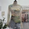 Dyed Mesh Printed Long Sleeve T-Shirt with Spicy Design, Drawstring, Hollow-out Shoulder and Flare Long Sleeve Top