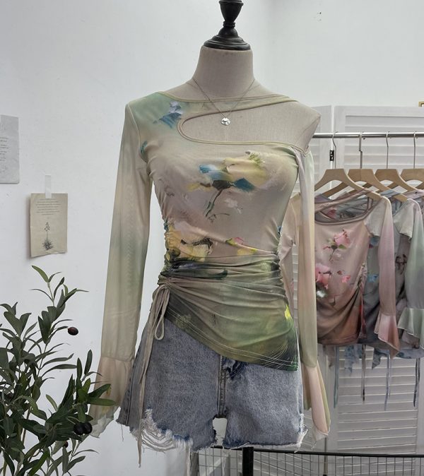 Dyed Mesh Printed Long Sleeve T-Shirt with Spicy Design, Drawstring, Hollow-out Shoulder and Flare Long Sleeve Top