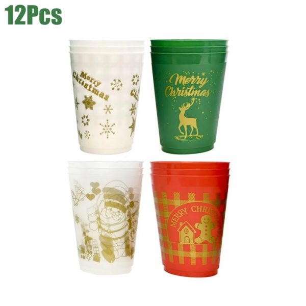 12 Pcs Christmas Plastic Tumblers Gingerbread Man Santa Reindeer Pattern 16 Oz Reusable Drink Cups Cute Beverage Cups For Beer Coffee Tea Xmas Holiday Party Supplies
