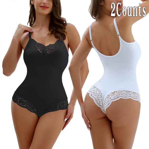 Plus Size Lace Thong Open Crotch Abdominal Support Bodysuit Strap Shapewear Underwear