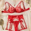 Flower Embroidery Ultra Thin Perspective Sexy Underwear Four Piece Set