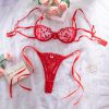 Red Embroidered Heart-shaped Bra Set Sexy Hollow-out Breathable Date Party Essential Underwear