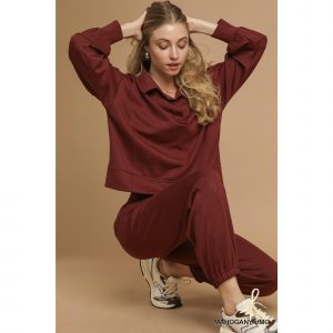 Umgee Exposed Seam Long Sleeve Polo Top with Side Slit