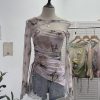 Dyed Mesh Printed Long Sleeve T-Shirt with Spicy Design, Drawstring, Hollow-out Shoulder and Flare Long Sleeve Top