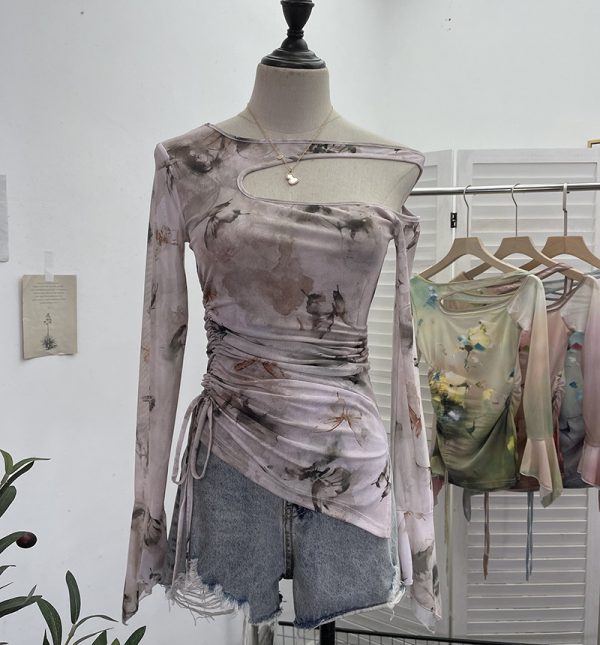 Dyed Mesh Printed Long Sleeve T-Shirt with Spicy Design, Drawstring, Hollow-out Shoulder and Flare Long Sleeve Top