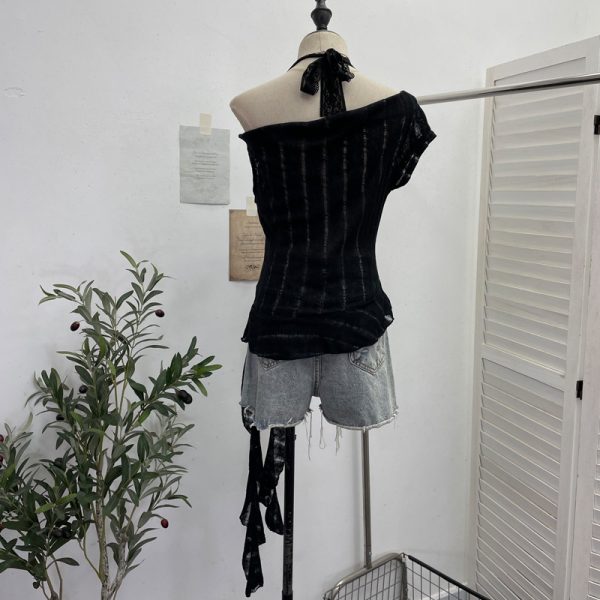 Lace Splicing Swing Collar Halter Off-Shoulder T-Shirt Women