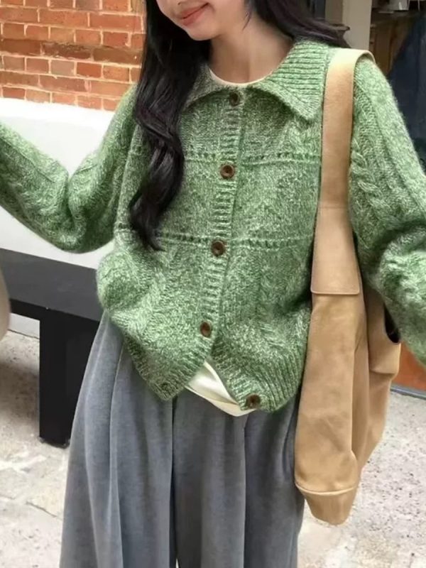 Retro Cable Knit Collar Cardigan Women's Loose Fit Versatile Lazy Style Sweater Jacket
