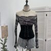 Waist tied horn long sleeved top short T-shirt
