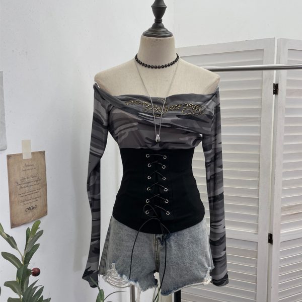 Waist tied horn long sleeved top short T-shirt
