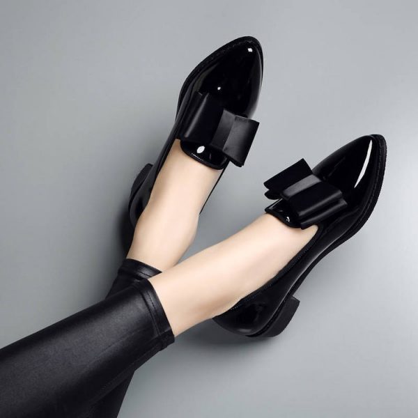 Bow pointed PU bow shallow mouth low heel one foot kick solid color
