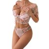 Style Pink Butterfly Embroidered Bubble Sleeve Sheer Crop Top Women's Underwear Set