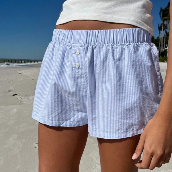 Vacation style minimalist blue striped beach shorts