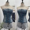 Denim Pattern Tie-Dye Printed Mesh Spaghetti Strap Top