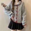 Style Temperament Heart Buckle Peter Pan Collar Knitted Cardigan Women Loose Cute Wind Sweater Jacket