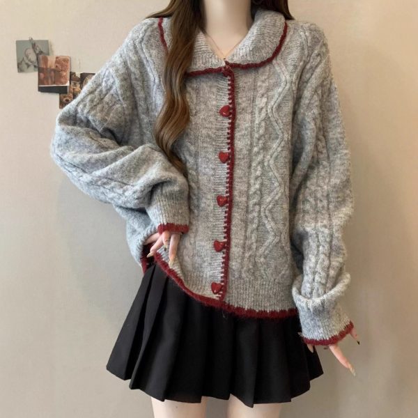 Style Temperament Heart Buckle Peter Pan Collar Knitted Cardigan Women Loose Cute Wind Sweater Jacket