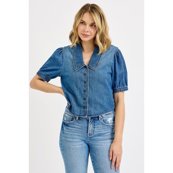 RISEN Button Down Puff Sleeve Crop Denim Shirt