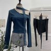 Slanted shoulder ribbon long sleeved short slim fit top