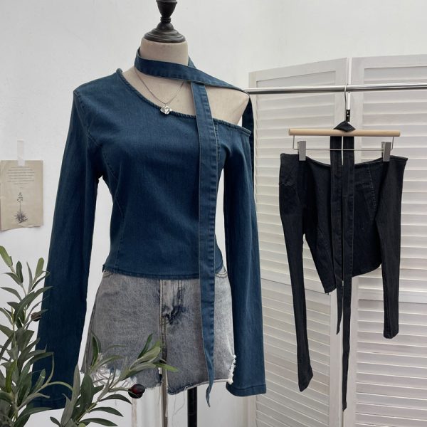 Slanted shoulder ribbon long sleeved short slim fit top
