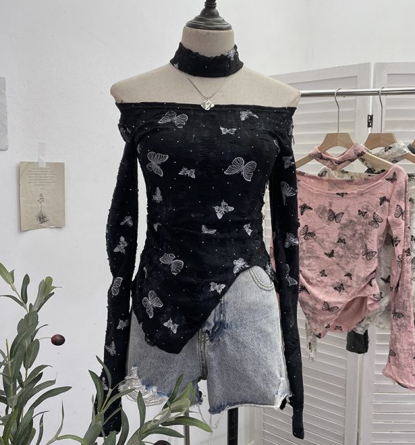 Butterfly neck hanging long sleeved T-shirt top