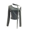 Slanted shoulder ribbon long sleeved short slim fit top