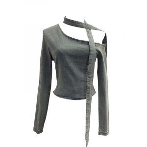 Slanted shoulder ribbon long sleeved short slim fit top