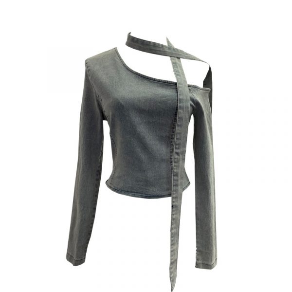 Slanted shoulder ribbon long sleeved short slim fit top