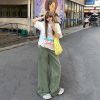 Women's Light Green Wide-Leg Jeans Washed High-Waist Loose Straight Long Pants