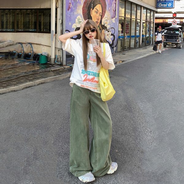 Women's Light Green Wide-Leg Jeans Washed High-Waist Loose Straight Long Pants