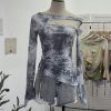 Dyed Mesh Printed Long Sleeve T-Shirt with Spicy Design, Drawstring, Hollow-out Shoulder and Flare Long Sleeve Top