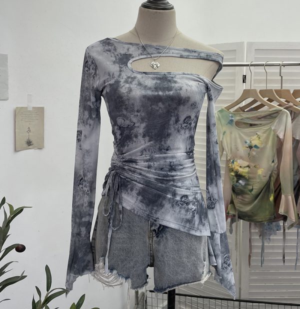Dyed Mesh Printed Long Sleeve T-Shirt with Spicy Design, Drawstring, Hollow-out Shoulder and Flare Long Sleeve Top