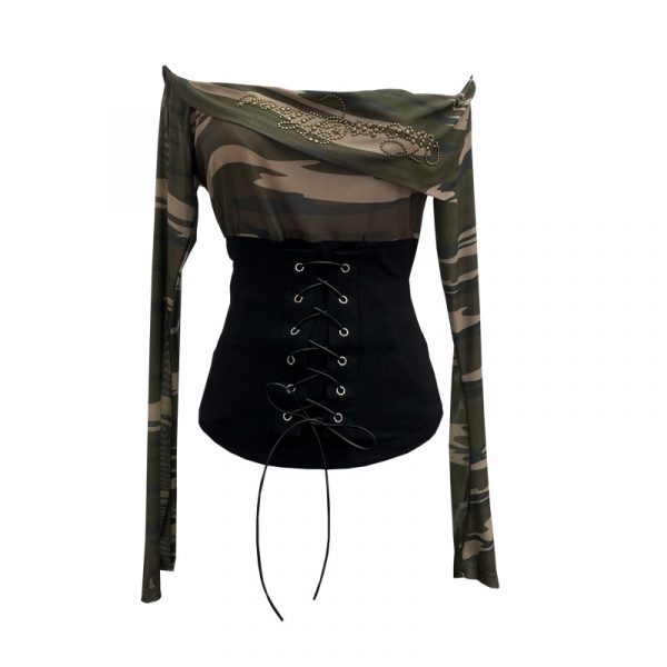 Waist tied horn long sleeved top short T-shirt