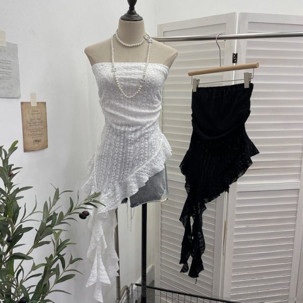 Lace strapless irregular ruffled ribbon sleeveless top