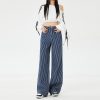 Women's Dark Blue Striped Wide-Leg Jeans Loose Casual Straight Floor-Length Pants