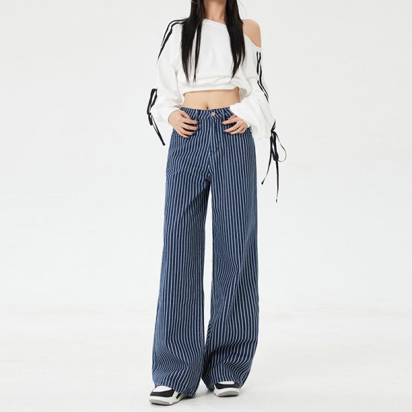 Women's Dark Blue Striped Wide-Leg Jeans Loose Casual Straight Floor-Length Pants
