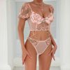 Style Pink Butterfly Embroidered Bubble Sleeve Sheer Crop Top Women's Underwear Set