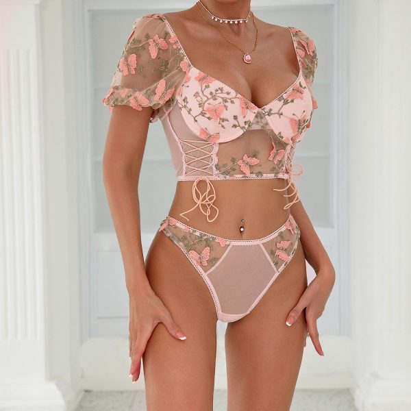 Style Pink Butterfly Embroidered Bubble Sleeve Sheer Crop Top Women's Underwear Set