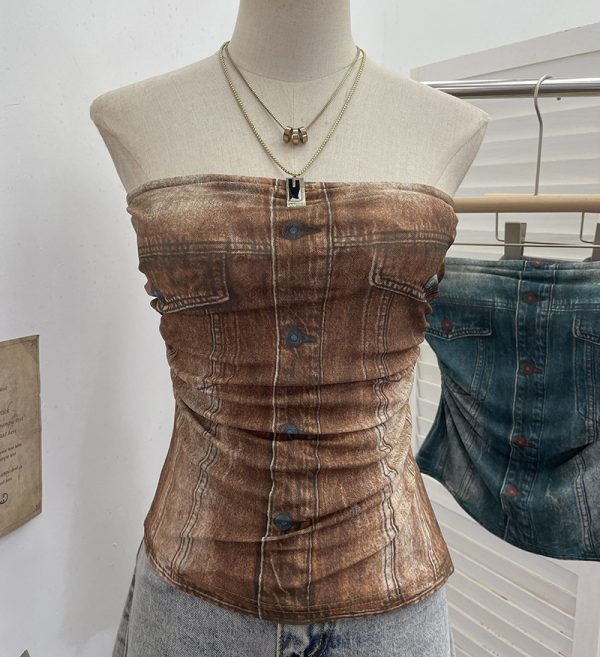 Denim Pattern Tie-Dye Printed Mesh Spaghetti Strap Top