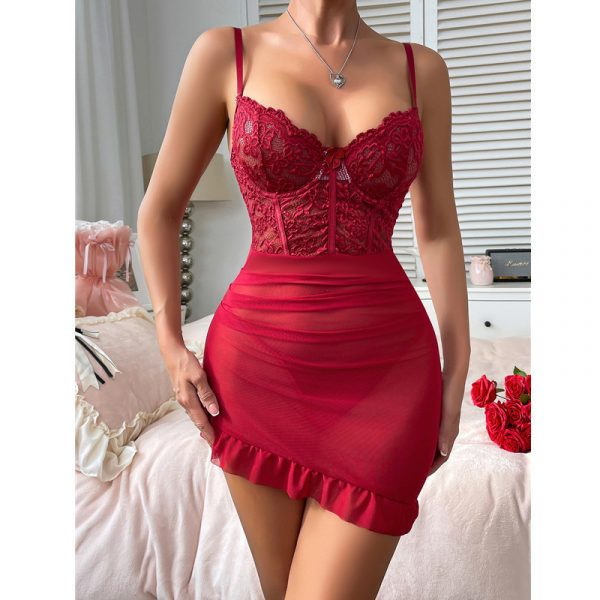Sensual Lingerie with Lace Splicing and Strap Temptation Net Underwear with Ruffle Skirt